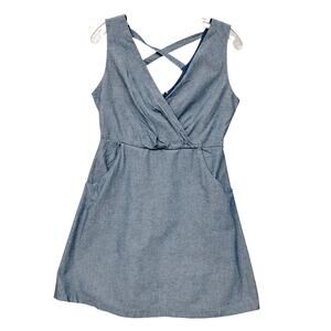 Corey P Chambray Faux Wrap Dress Size Small Light Blue Sleeveless Zipper on Back